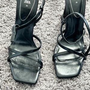 Zara Black Strappy Square-Toe Heeled Sandals